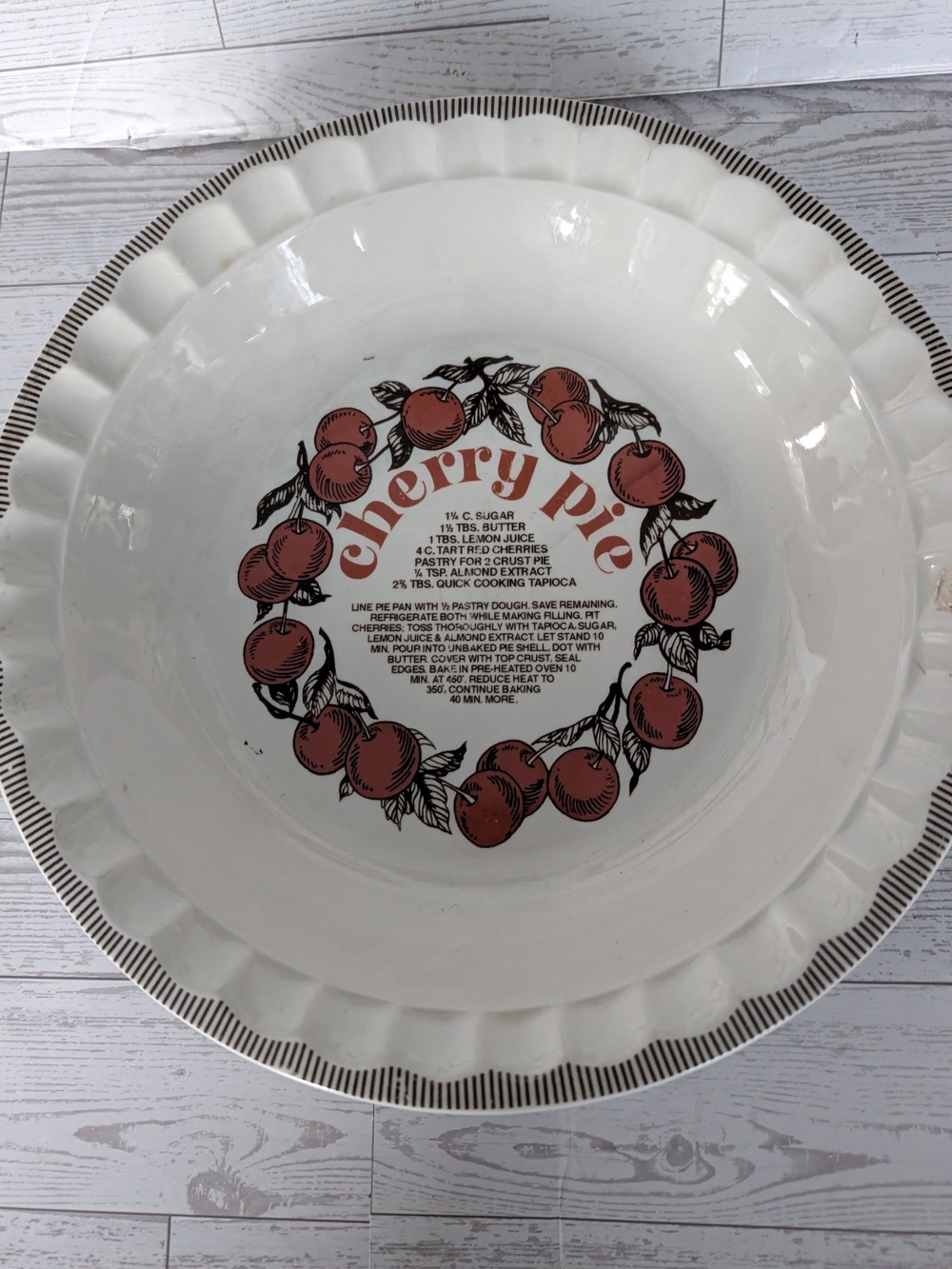 White Ceramic Cherry Pie Serving Bowl with Red Cherry Design